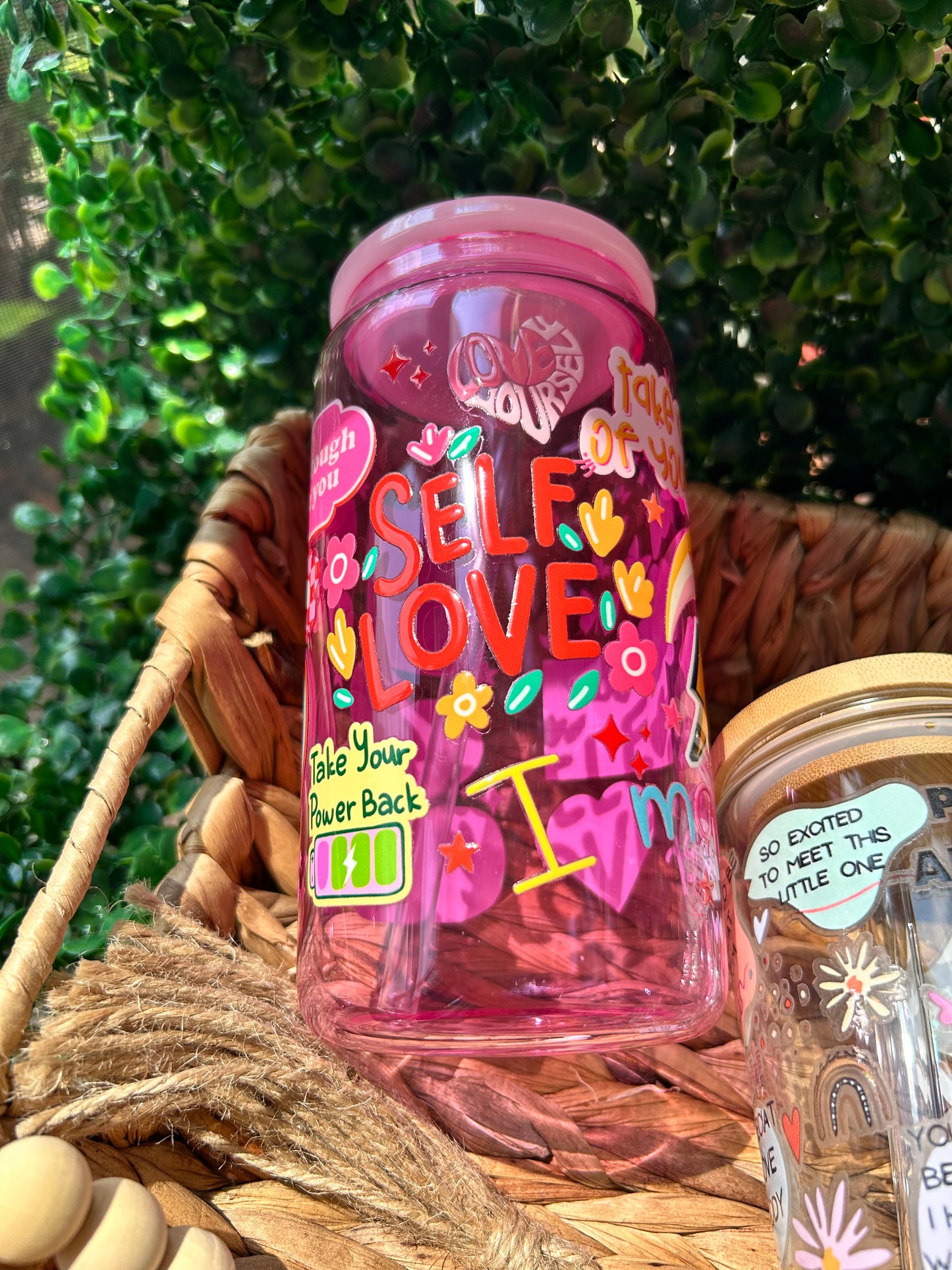 ✨ Pink 16oz Self-Love Glass Can with Pink Lid ✨