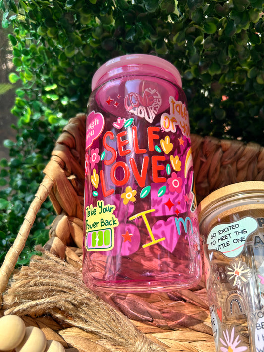 ✨ Pink 16oz Self-Love Glass Can with Pink Lid ✨