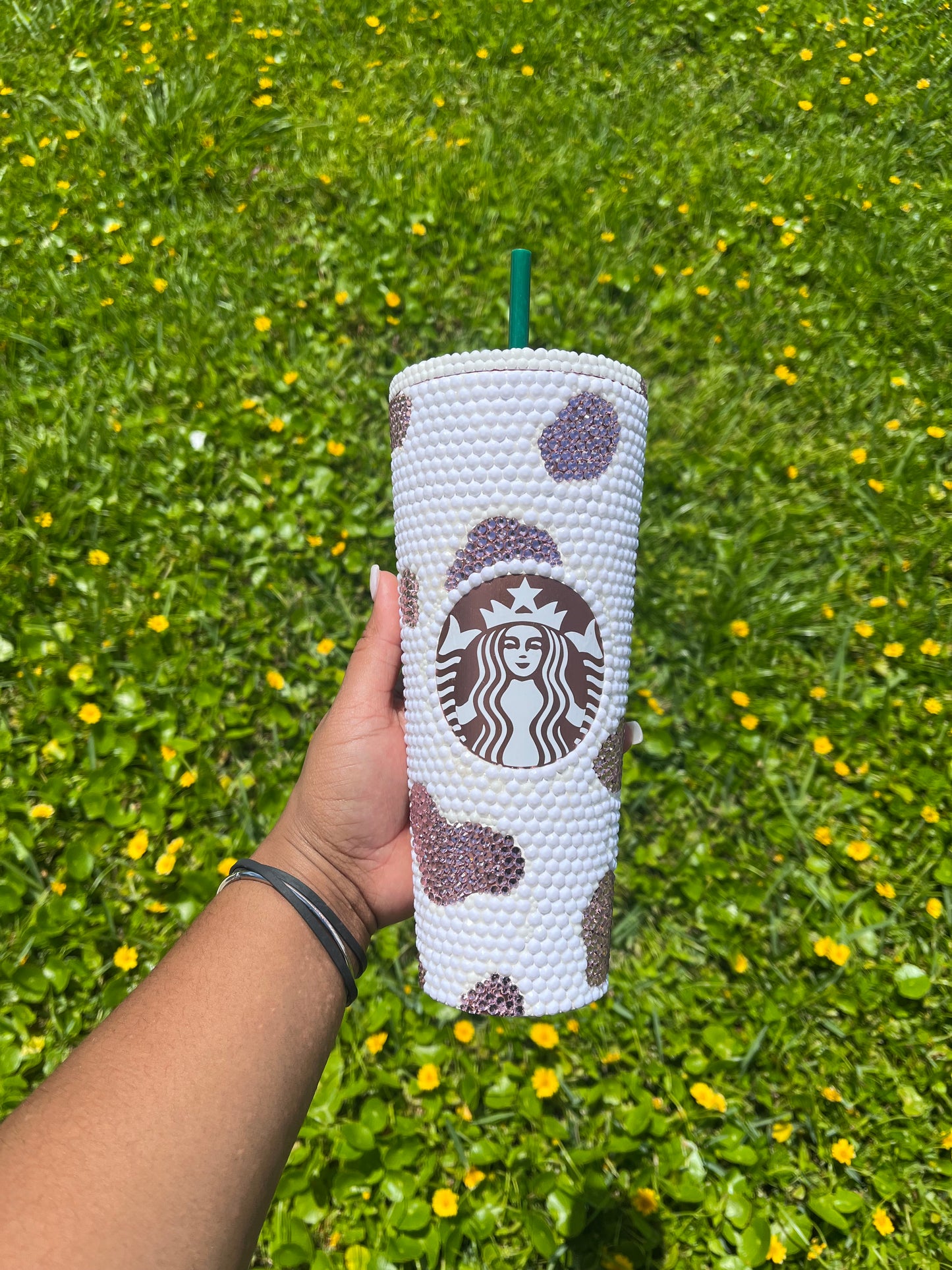 Rhinestone White & Pink Cow Print Tumbler