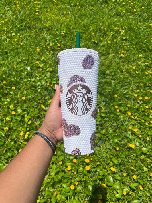 Rhinestone White & Pink Cow Print Tumbler