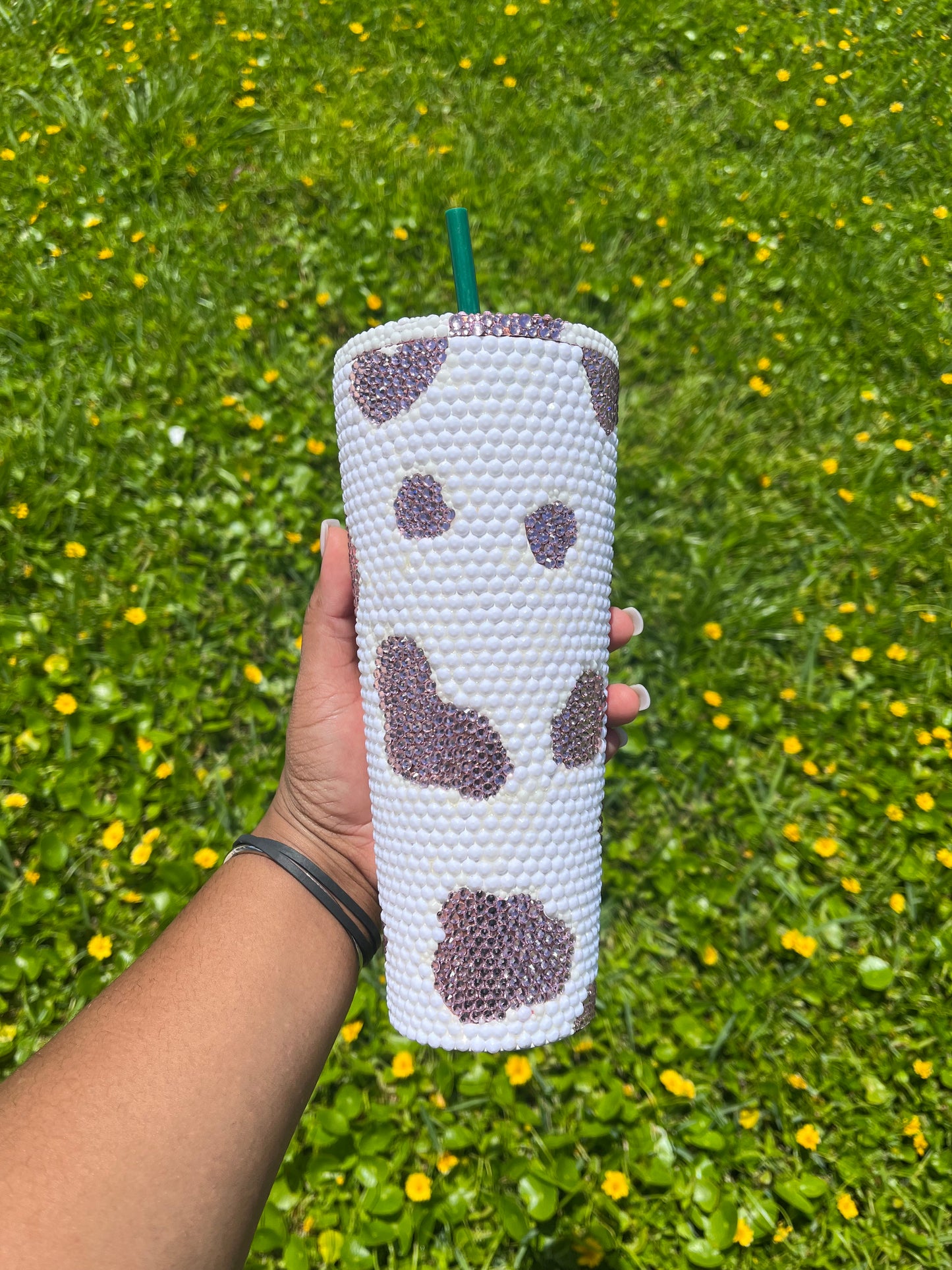 Rhinestone White & Pink Cow Print Tumbler