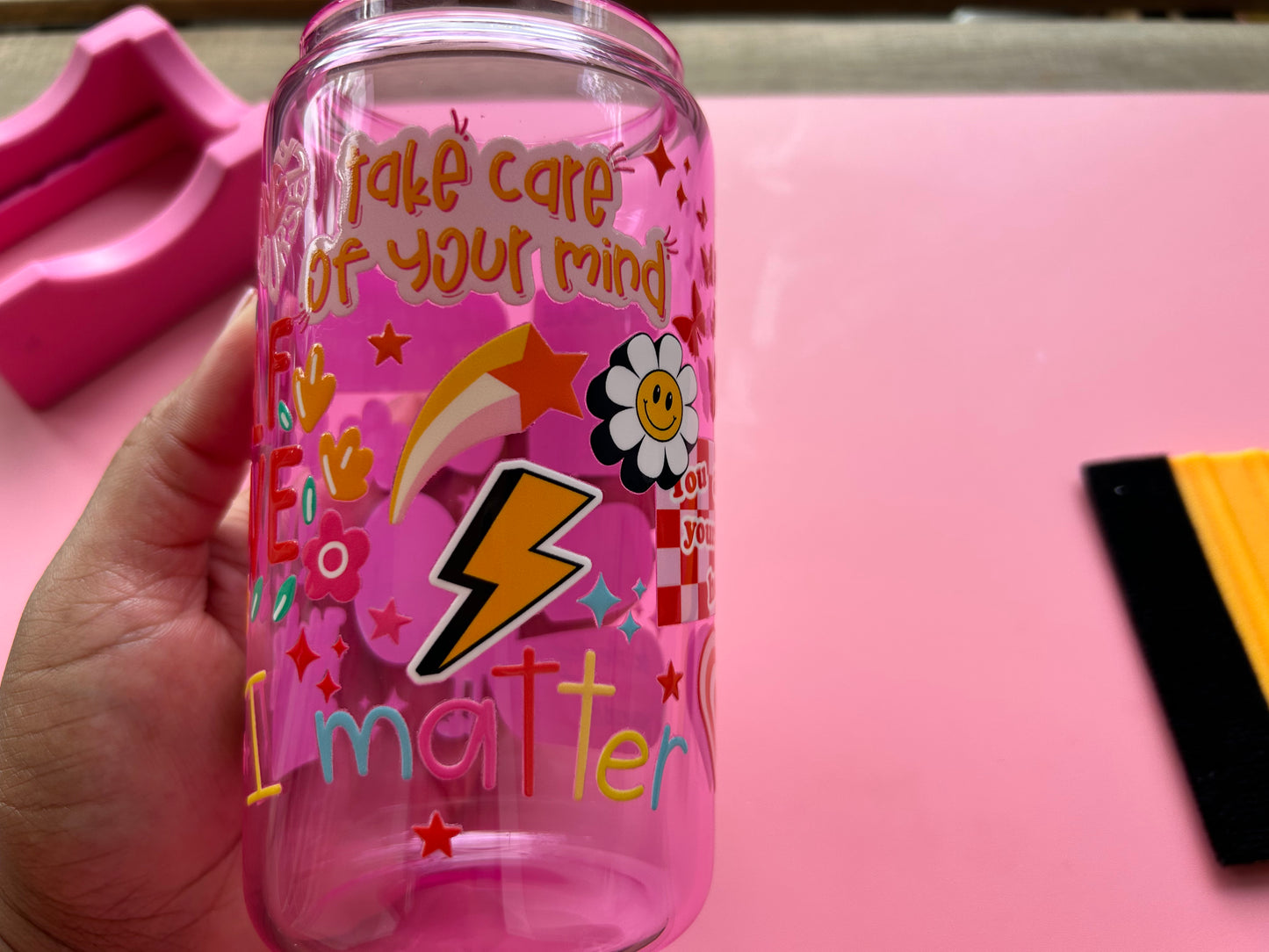 ✨ Pink 16oz Self-Love Glass Can with Pink Lid ✨