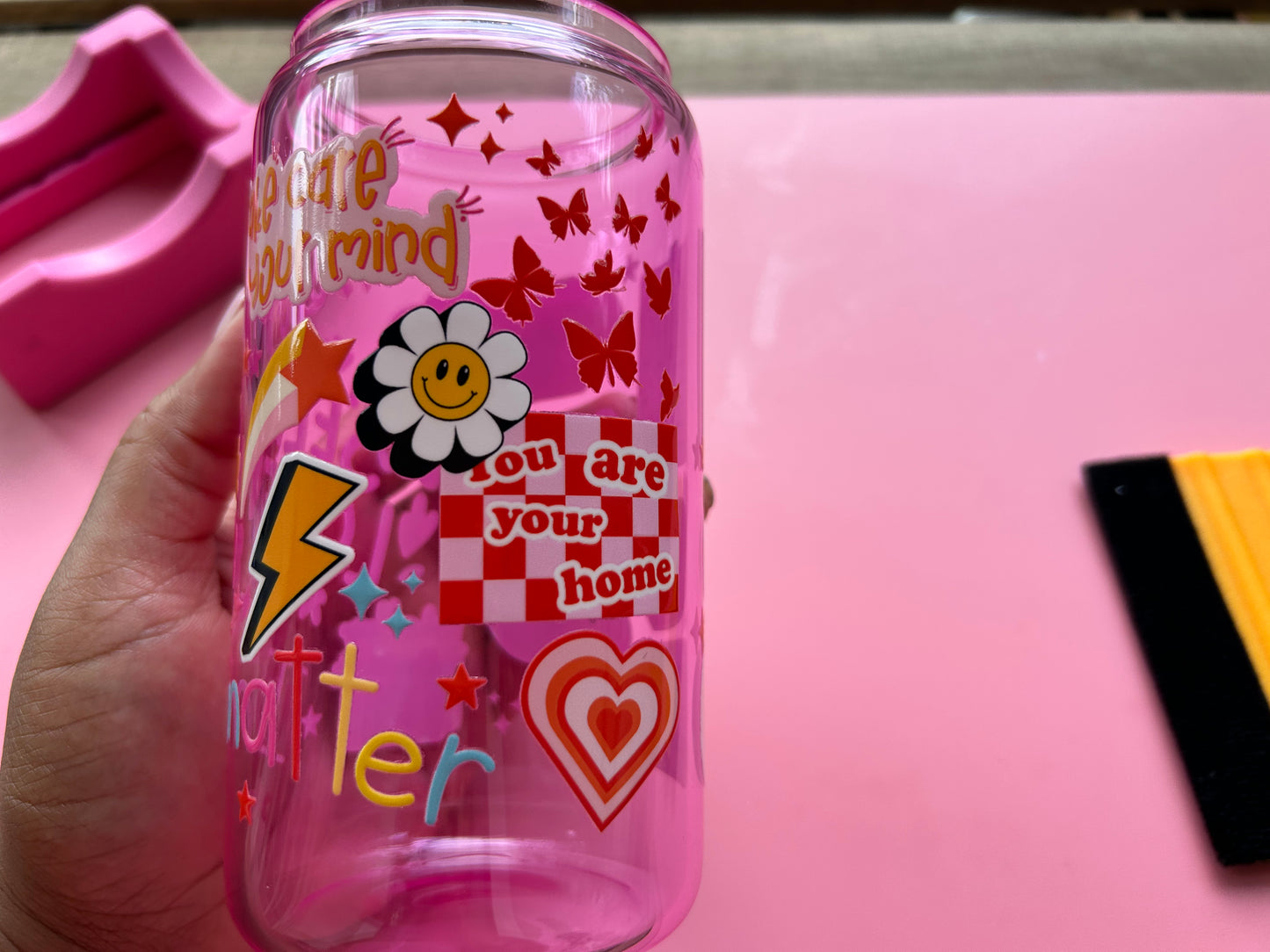 ✨ Pink 16oz Self-Love Glass Can with Pink Lid ✨